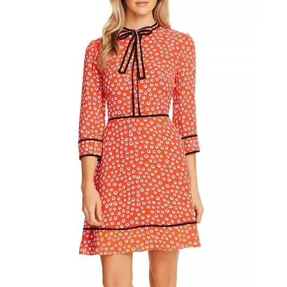 CeCe 🌺 Red Floral Dress with Black Trim - Picture 1 of 8